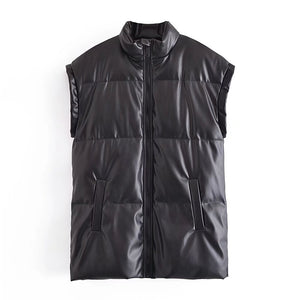 New Long Zipper Faux  Leather Jakcet Gilet - Secret Apparel