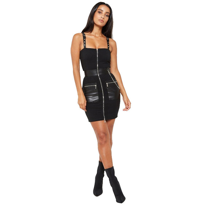 Black Sleeveless PU Leather Zip-up Dress - Secret Apparel