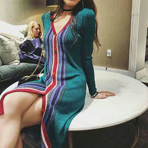 Colorful Striped Knit Split Dress - Secret Apparel