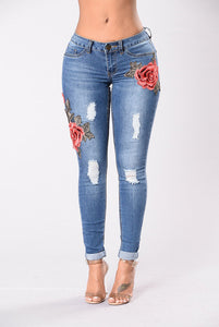 Rose Printed Ripped Jeans Pants - Secret Apparel