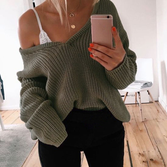 Deep V-Neck Loose Sweater - Secret Apparel