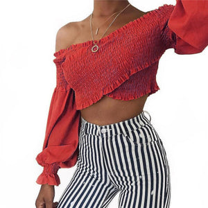 Off-shoulder Long Sleeve Crop Top - Secret Apparel