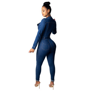 Deep V-Neck Denim Jumpsuit - Secret Apparel