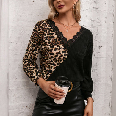 Animal Print Colour Block Lace V-neck Top - Secret Apparel