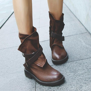 Round Toe Buckled Boots - Secret Apparel