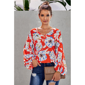 Printed Loose Lantern Sleeve Top - Secret Apparel