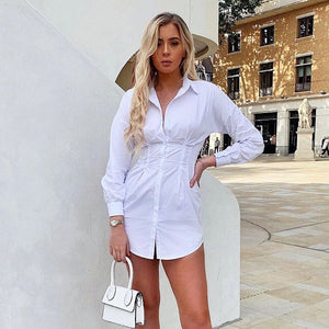 Pleated Waist Cotton Long-sleeved Shirt Dress - Secret Apparel