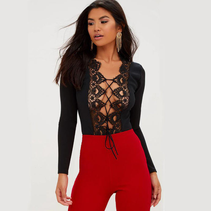 Full Sleeves Lace Stitching Bodysuit - Secret Apparel