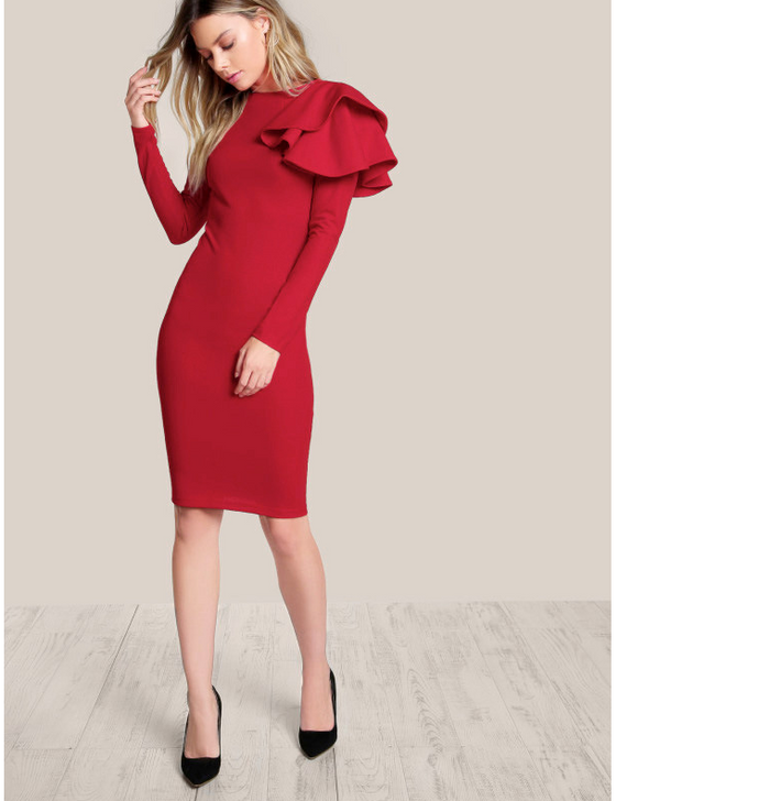 Red Ruffled Shoulder Bodycon Dress - Secret Apparel