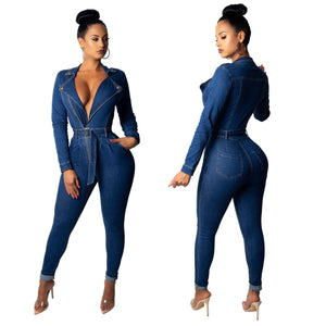 Deep V-Neck Denim Jumpsuit - Secret Apparel