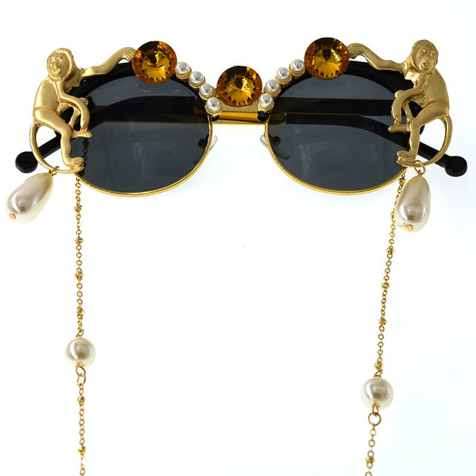 Pearl Crystal Retro Round Large Frame Sunglasses - Secret Apparel