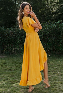 Ruffled hem V-neck casual maxi dress - Secret Apparel