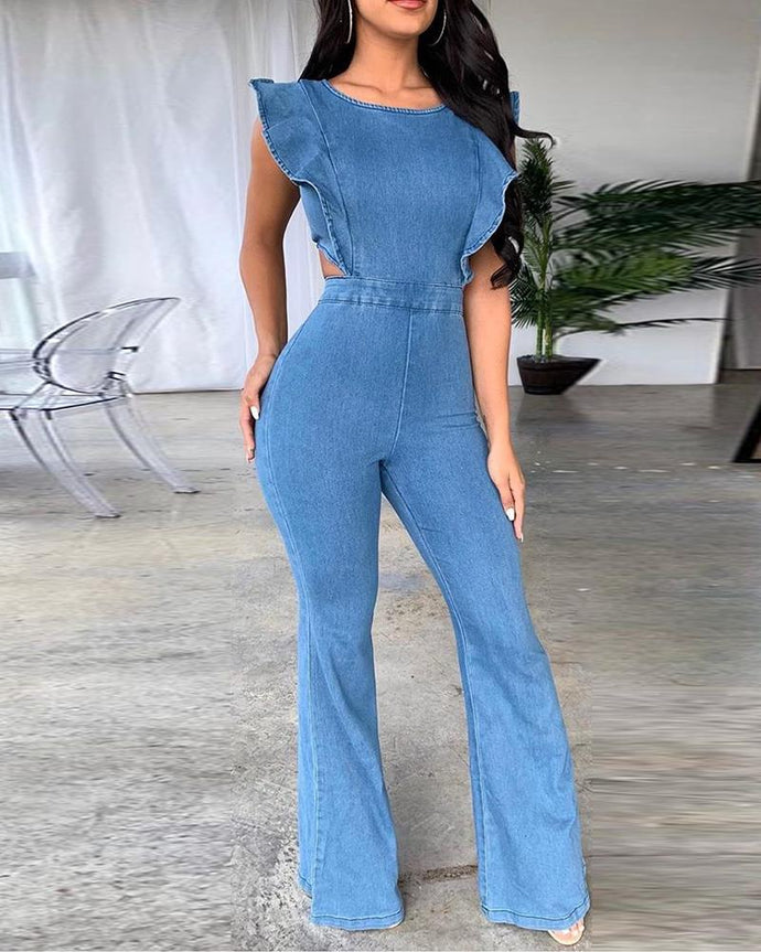 Low Back Denim Jumpsuit - Secret Apparel