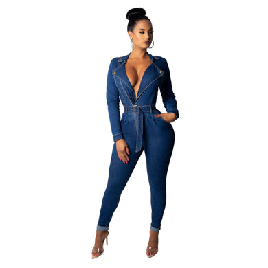 Deep V-Neck Denim Jumpsuit - Secret Apparel