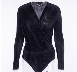 V Neck Long Sleeve  Bodysuit Pleated - Secret Apparel