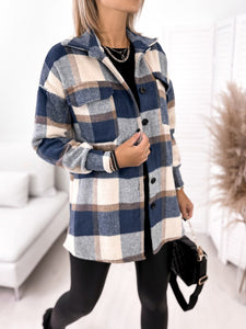 Long-sleeved Single-breasted Plaid  Woollen Jacket Shacket - Secret Apparel