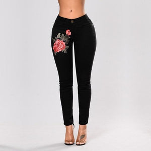 Embroidered Flower Denim Jeans - Secret Apparel