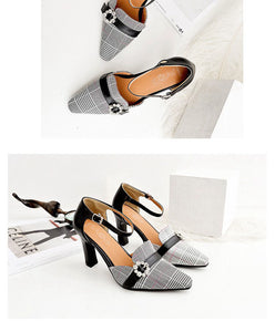 Plaid Buckle Heels Court Shoes - Secret Apparel