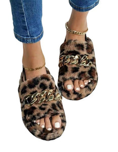 Animal Print Chain Plush Slippers - Secret Apparel