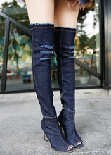 Load image into Gallery viewer, Open Toe Knee High Denim Boots - Secret Apparel
