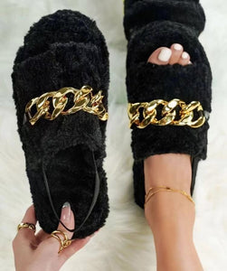 Animal Print Chain Plush Slippers - Secret Apparel