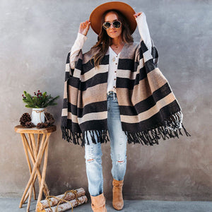 Striped Woollen Cape with Tassels - Secret Apparel