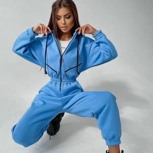 Casual Women Basic Hoodie Two Piece Sets Zipper Jumpsuit - Secret Apparel